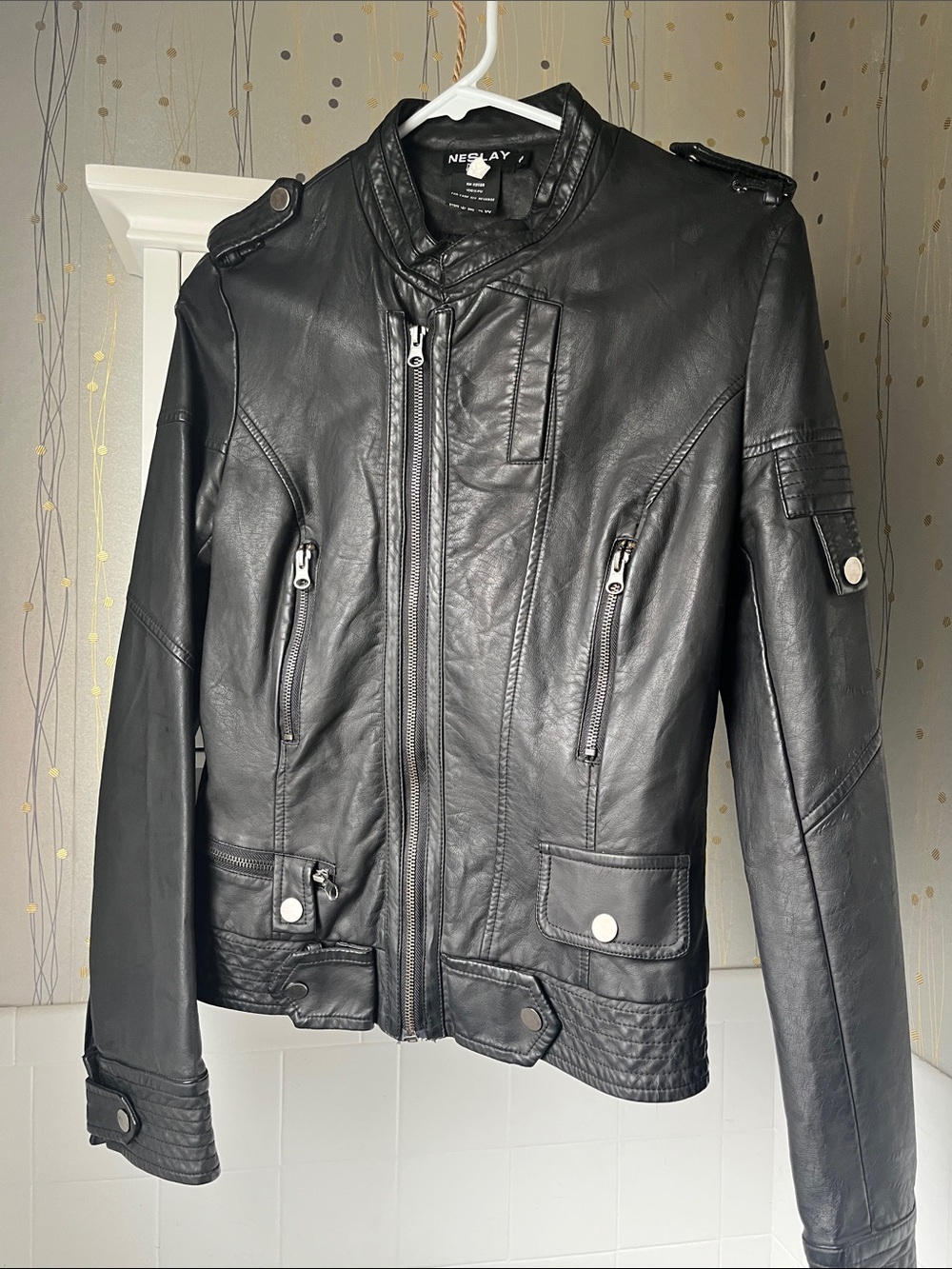 Neslay Black Faux Leather Moto Jacket with Zip Details